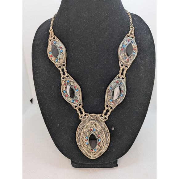 Afghan Indian Handmade Tribal Boho Vintage Necklace with Black Onyx Blue & Red - Picture 2 of 7